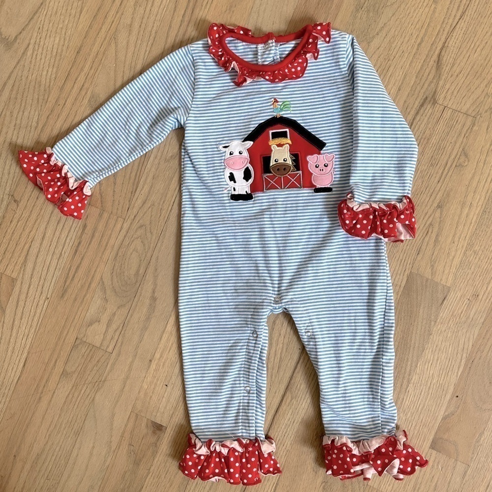 Be Mine Smocked Barn Farm Animals Longall Romper 24 mo striped polkadot flare